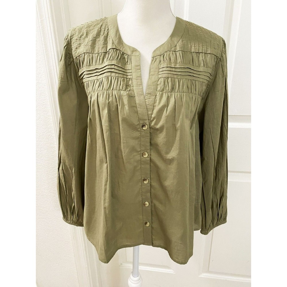 Cleobella Women's Anthropologie Cotton Pin Tuck Long Sleeve Blouse Olive Medium